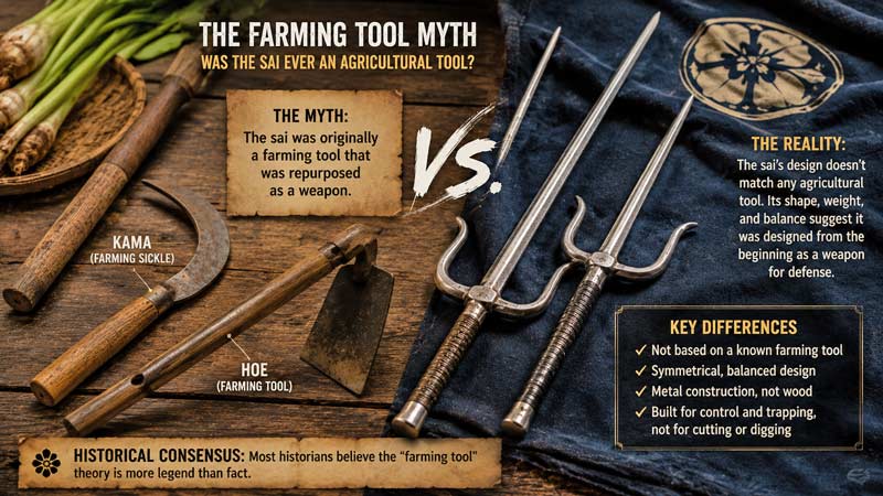 Historical comparison of traditional Okinawan sai beside common farming tools illustrating the farming tool myth.