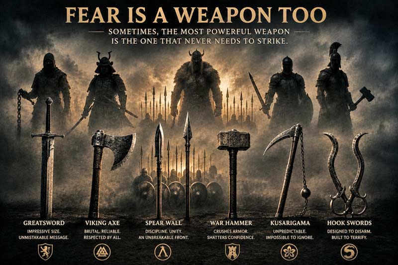 Infographic showing intimidating historical weapons and the psychology of fear in combat.