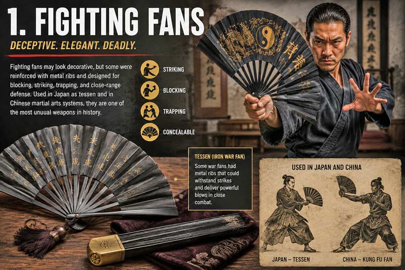 Martial artist demonstrating a traditional fighting fan alongside infographic panels explaining its history, techniques, and martial arts uses