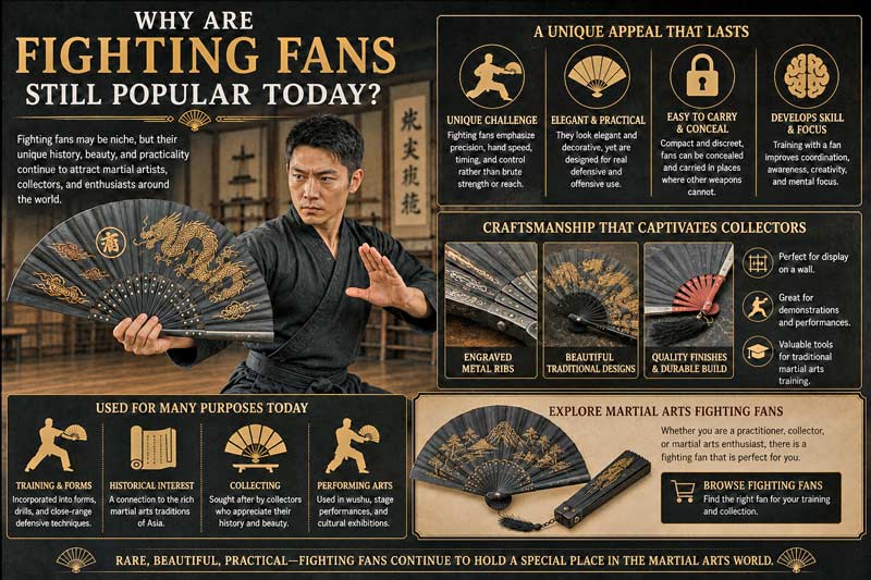 Martial artist holding a fighting fan in a dojo alongside infographic panels explaining why fighting fans remain popular for training and collecting