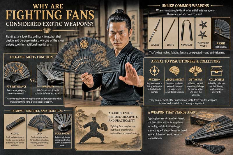 Martial artist holding a black fighting fan in a dojo alongside infographic panels explaining why fighting fans are considered exotic weapons