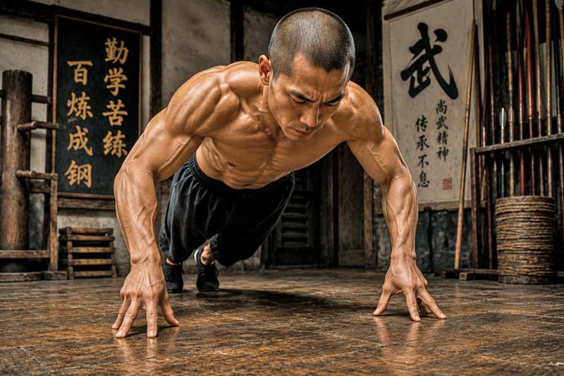 Martial artist performing fingertip pushups in a traditional dojo, demonstrating extreme hand strength and old-school conditioning training.
