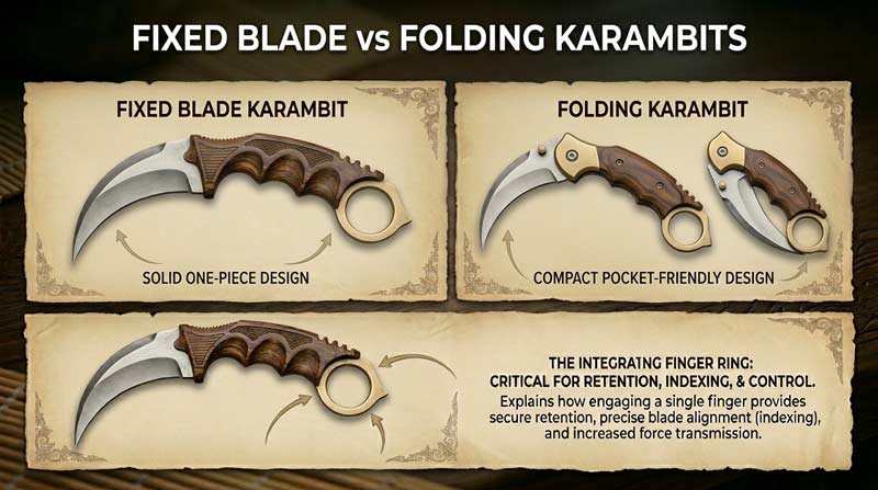 Comparison image showing a fixed blade karambit and folding karambit side by side with labeled design differences