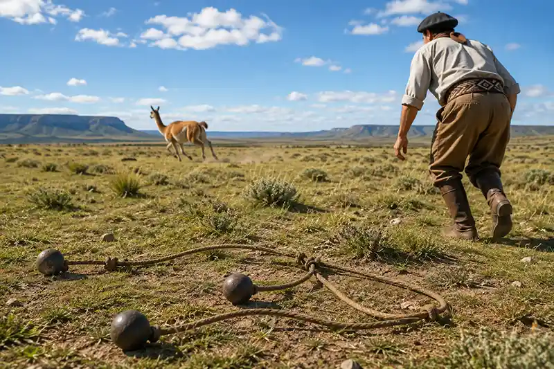 Missed bolas lying on open grassland as the target escapes in the distance