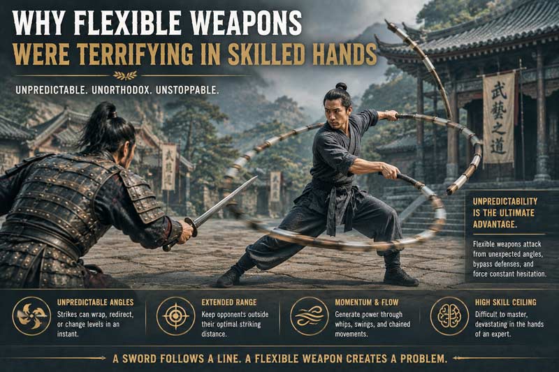 Martial artist wielding a three-section staff against a swordsman in a traditional training courtyard