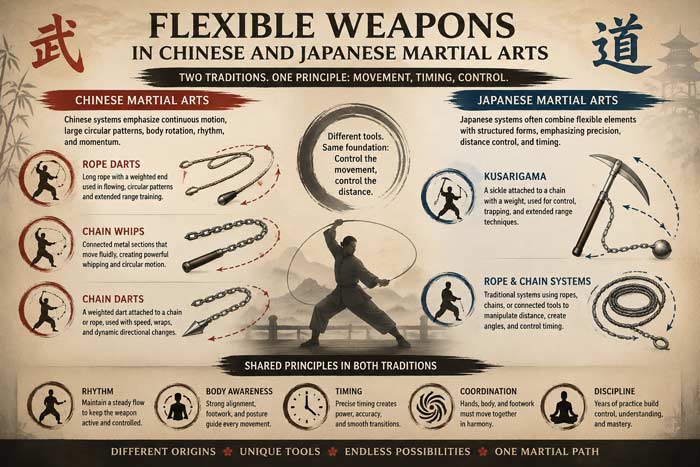 Infographic comparing flexible weapons in Chinese and Japanese martial arts, featuring rope darts, chain whips, kusarigama, and movement-based training concepts