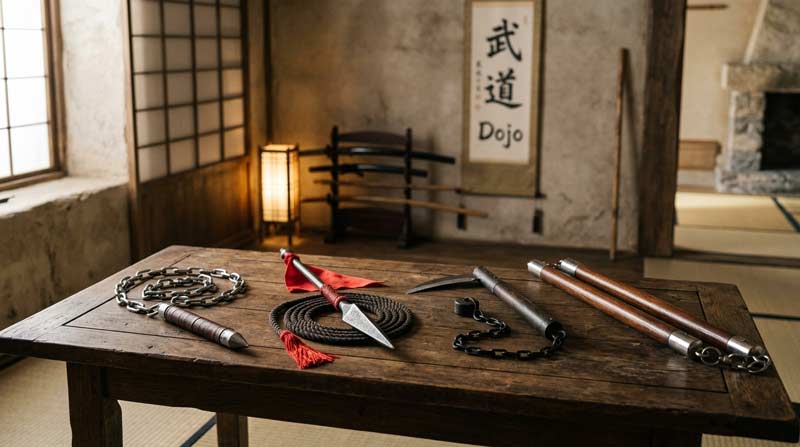 Flexible martial arts weapons on a table