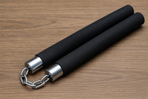 A pair of black foam nunchucks with metal chain connectors resting on a wooden surface.