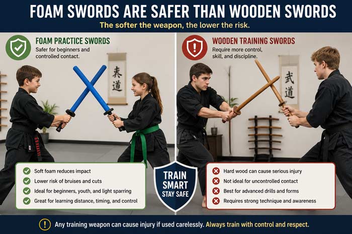 Infographic comparing the safety differences between foam practice swords and wooden training swords in martial arts classes