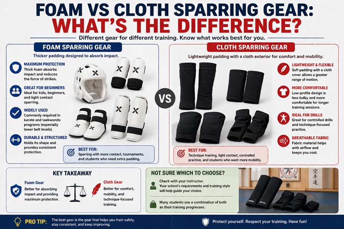 Cloth sparring gear including shin guards, forearm pads, and wraps with fabric texture on dojo mat