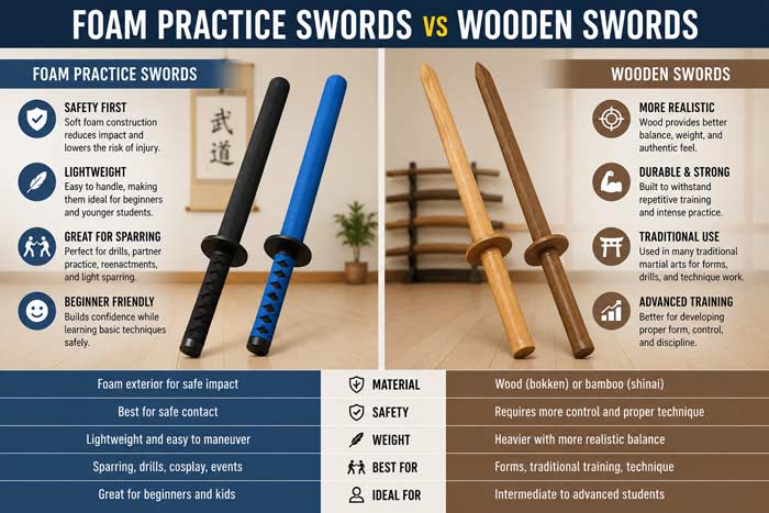 Infographic comparing foam practice swords and wooden swords for martial arts training, sparring, safety, and realism