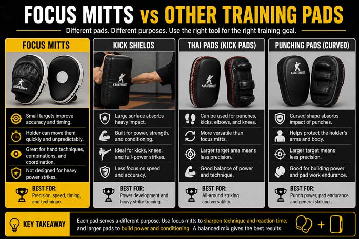 Infographic comparing focus mitts, kick shields, and other training pads showing differences in precision, power, and training use