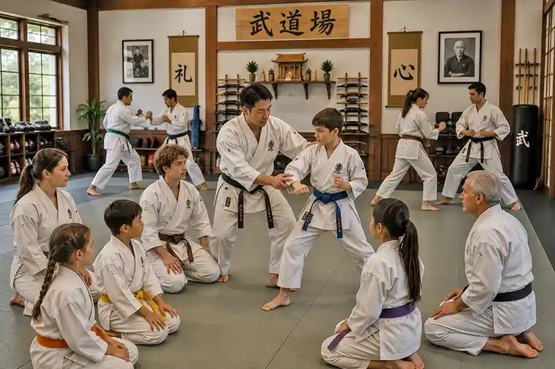 Martial arts instructor teaching students of different ages inside a traditional dojo community setting