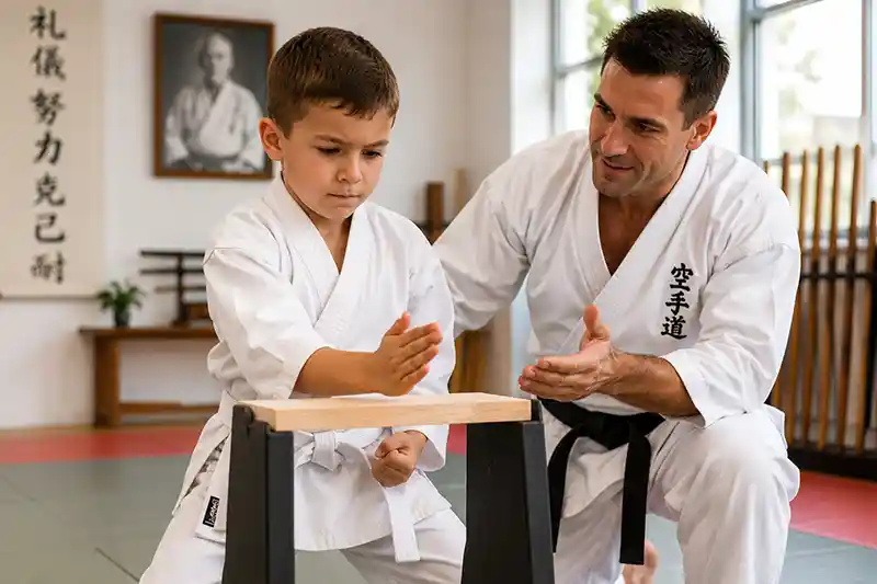 Young martial arts student preparing to break a board with instructor guidance