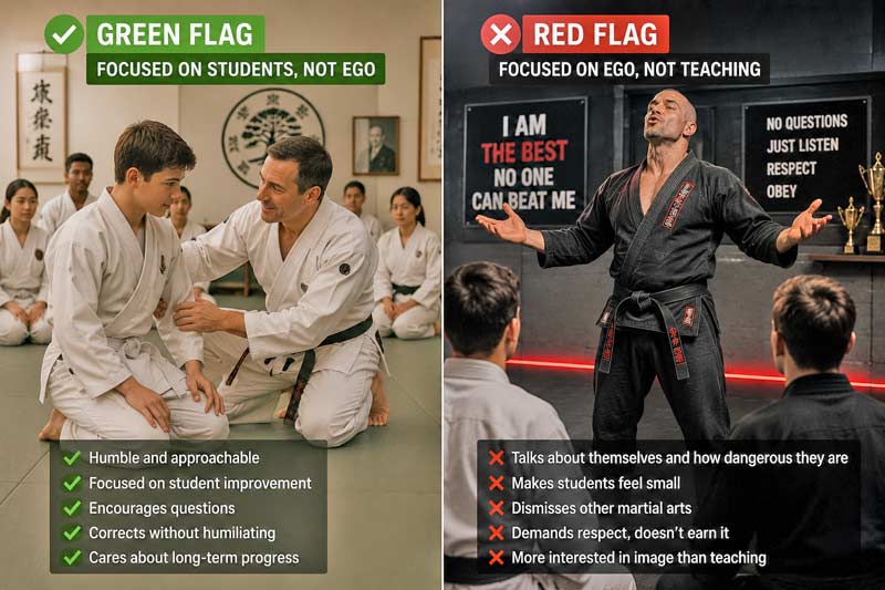 Comparison of a supportive martial arts instructor and an ego-driven instructor showing beginner red flags.
