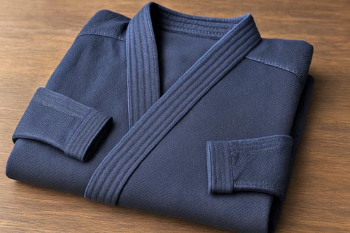 Folded indigo keikogi on wooden dojo floor showing textured fabric.
