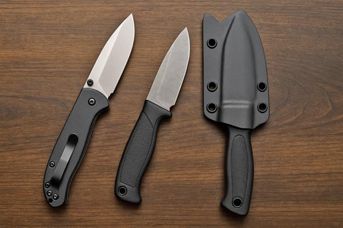 Folding knife and compact fixed blade with sheath displayed on a wooden surface