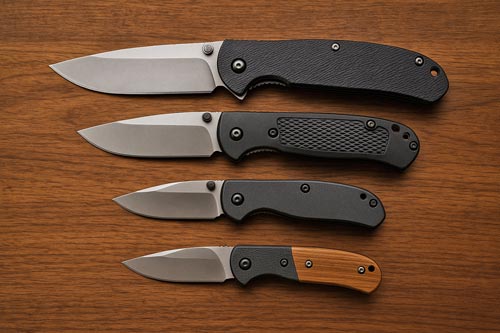 Four folding knives of different sizes arranged on a wooden surface