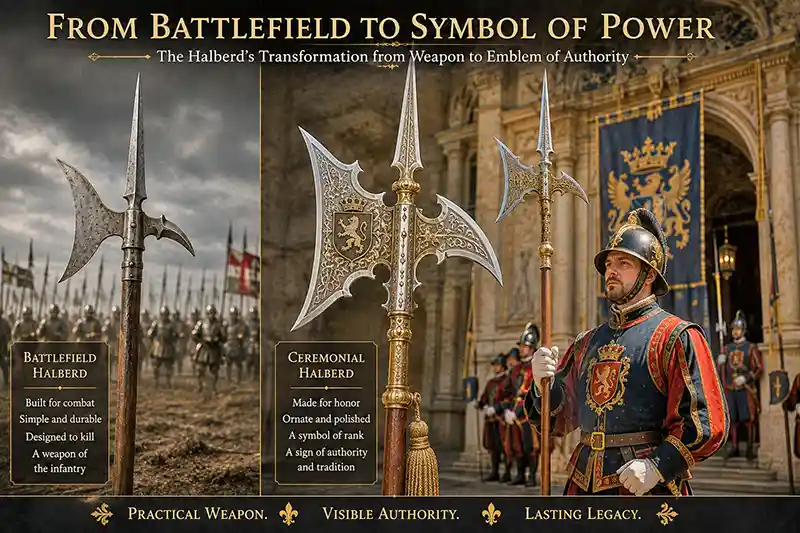 Battlefield halberd beside an ornate ceremonial halberd illustrating the weapon's evolution into a symbol of authority.