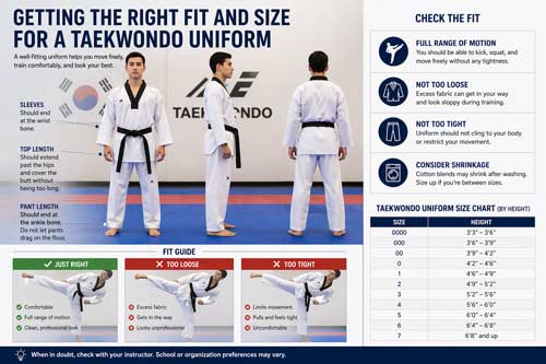 Taekwondo uniform sizing guide showing proper fit, measurements, and movement checks