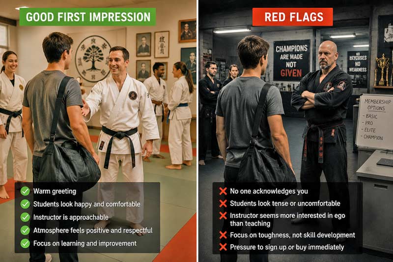 Side-by-side comparison of a welcoming martial arts school and an intimidating dojo, showing the difference between a positive first impression and common red flags for beginners.