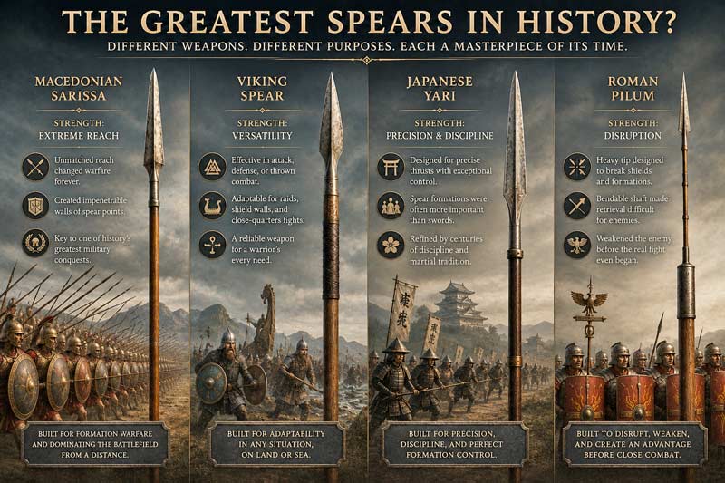 Comparison infographic of the greatest spear types in history including sarissa, Viking spear, yari, and pilum