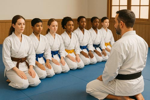 group of karate students kneeling in seiza while listening to their instructor