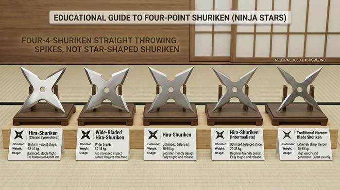 Infographic showing traditional four-point ninja star designs with balanced symmetrical shuriken shapes displayed side by side