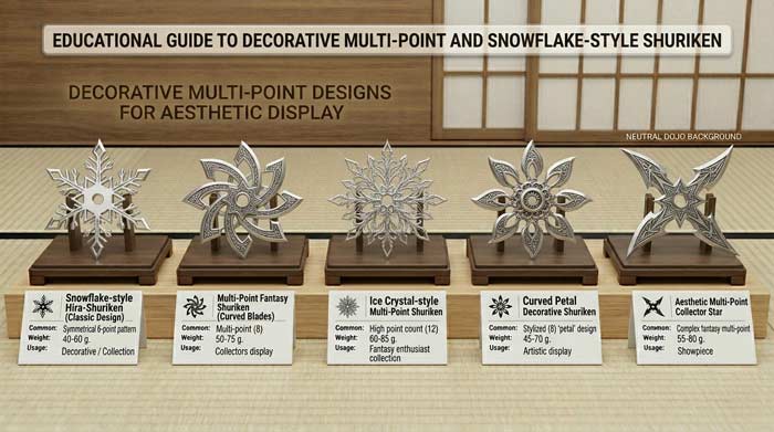 Infographic showing decorative snowflake ninja stars and multi-point shuriken designs arranged on a dark display surface