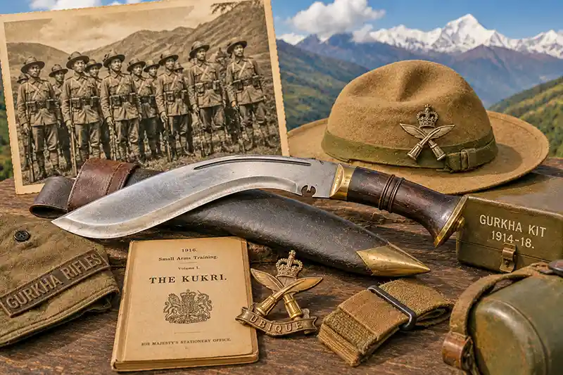 Gurkha kukri displayed with historic military equipment