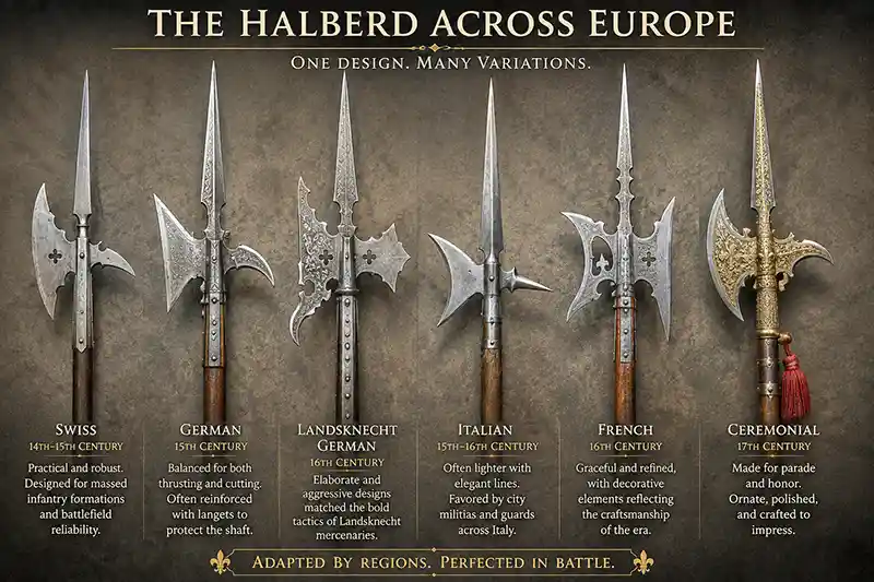 Collection of European halberds showing battlefield and ceremonial designs from different regions.