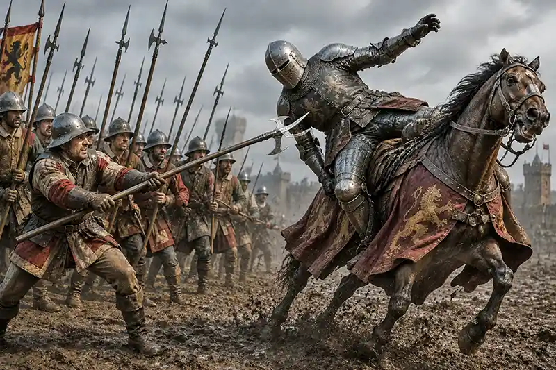 Halberdier using a hooked halberd to pull an armored knight from his horse during battle.