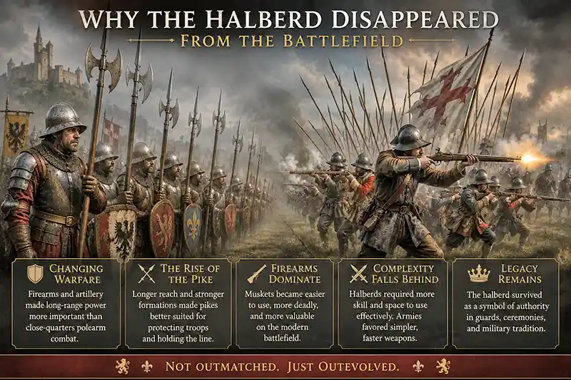 Halberdiers giving way to musketeers and pikemen as gunpowder warfare replaces medieval polearms.