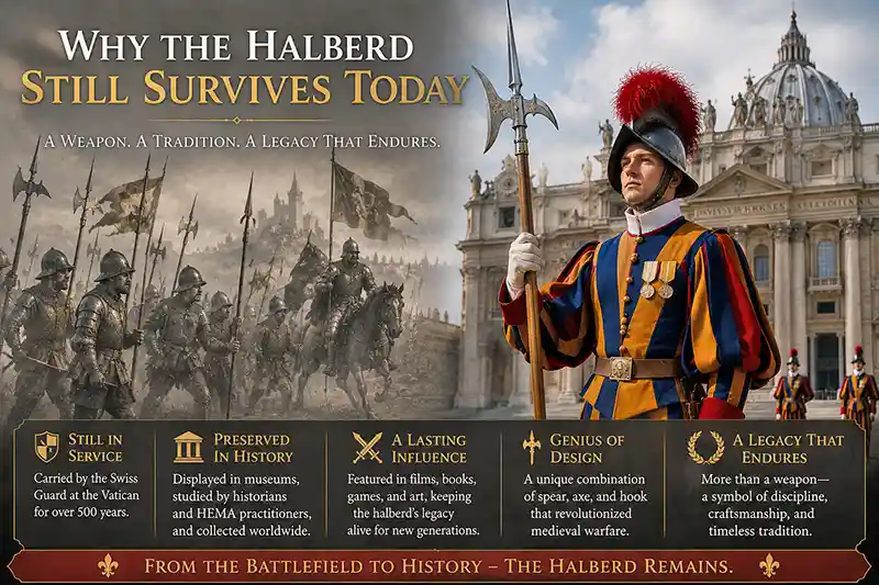 Swiss Guard holding a ceremonial halberd with a faded medieval battlefield symbolizing the weapons enduring legacy.