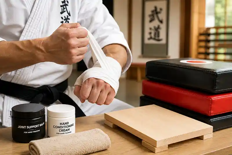Martial artist preparing hands for board breaking and conditioning training