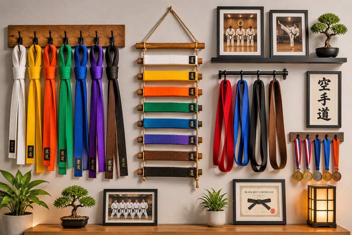 Martial arts wall display featuring hanging karate belts, kung fu sashes, framed certificates, and home dojo decorations