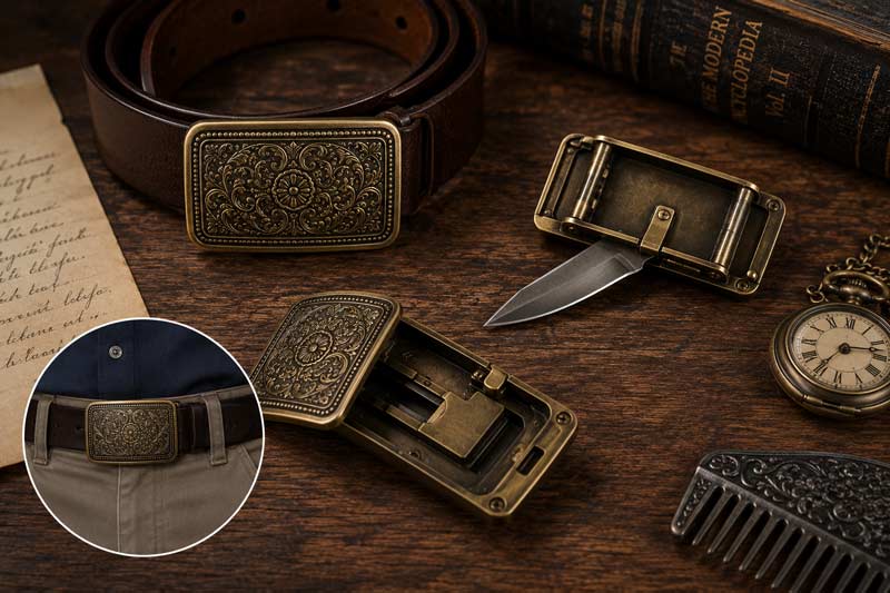 Vintage-style belt buckle with concealed compartment displayed on a rustic wooden table alongside antique accessories, representing a hidden everyday object with a surprising secret