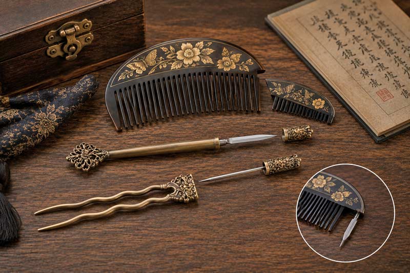 Decorative hidden combs and hair accessories displayed on a wooden table with vintage styling and concealed features