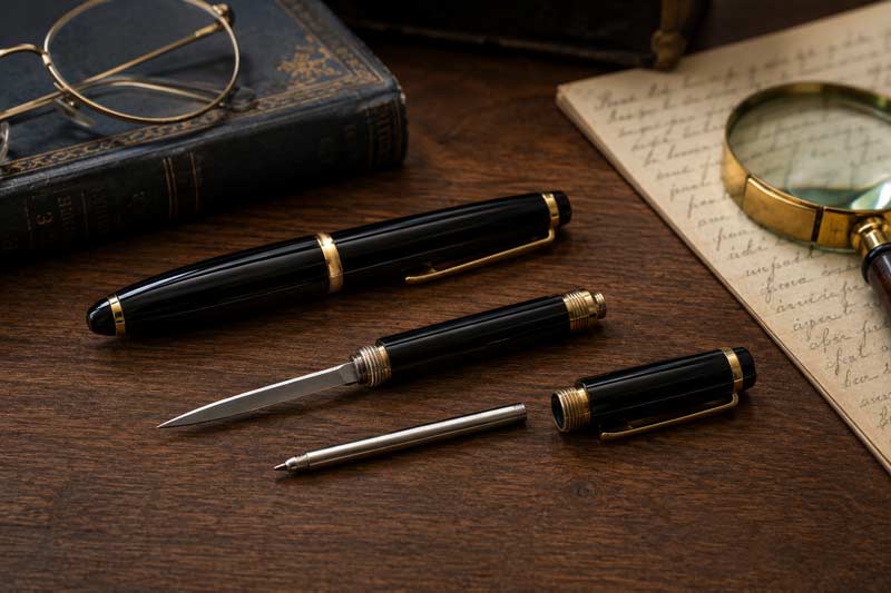 Vintage-style hidden pen and disguised writing tool displayed on a wooden desk with books, magnifying glass, and antique study accessories in a historical setting