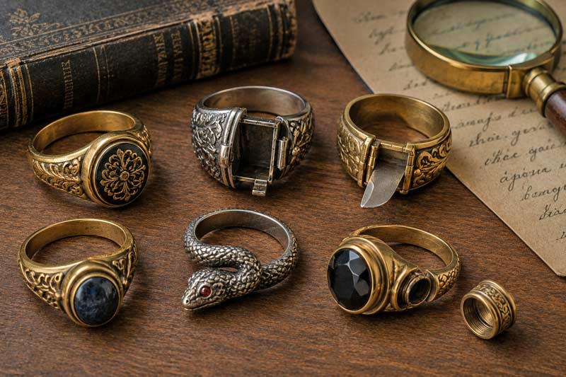 Decorative hidden rings and concealed accessories displayed on a wooden table with vintage styling and secret compartments