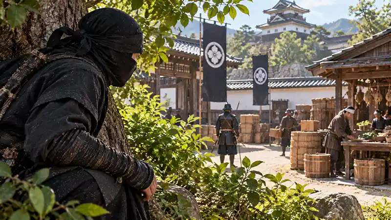 Hidden Shinobi Overlooking a Castle Village
