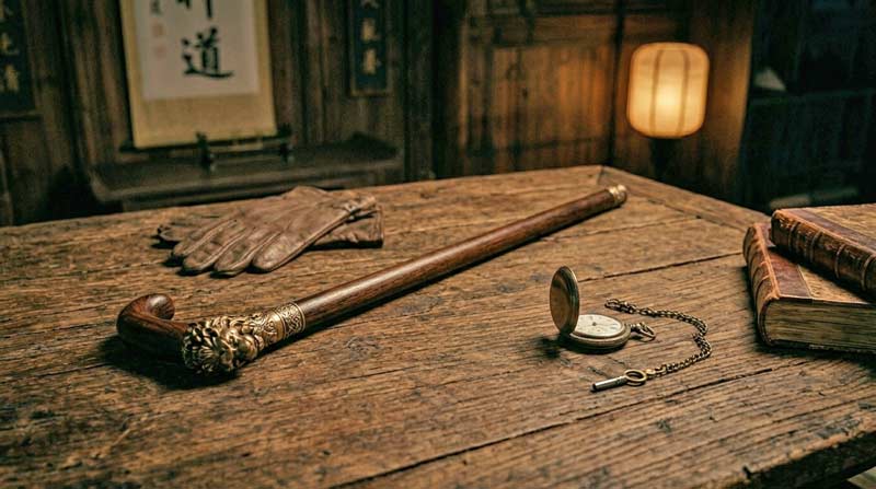 Antique walking cane displayed on a rustic wooden table with vintage accessories in a historical-style setting, representing a hidden everyday object