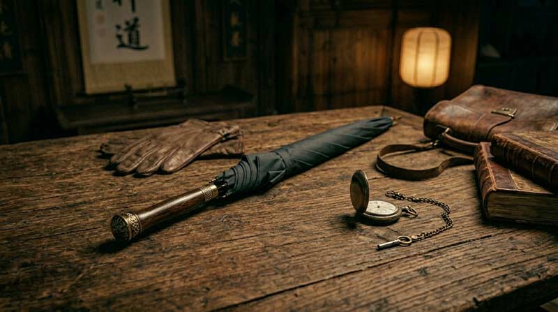 Vintage umbrella displayed on a wooden table with antique everyday objects in a historical-style setting, representing an ordinary concealed object