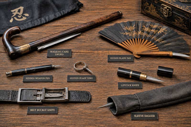 Collection of hidden martial arts weapons displayed on a wooden table, including concealed blades, a cane sword, hidden fan, and disguised self-defense tools