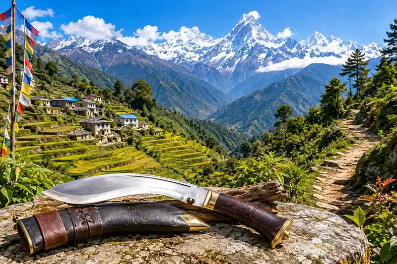 Traditional kukri overlooking a Himalayan village in Nepal