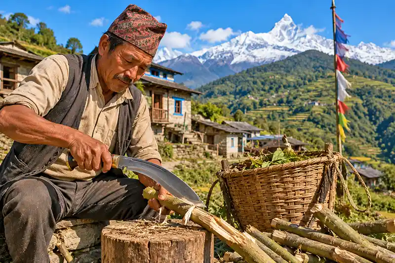 Nepalese villager using a kukri as an everyday cutting tool