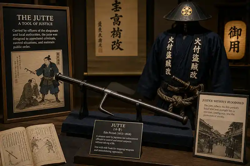 Museum exhibit featuring a traditional Edo-period jutte with historical law enforcement artifacts.