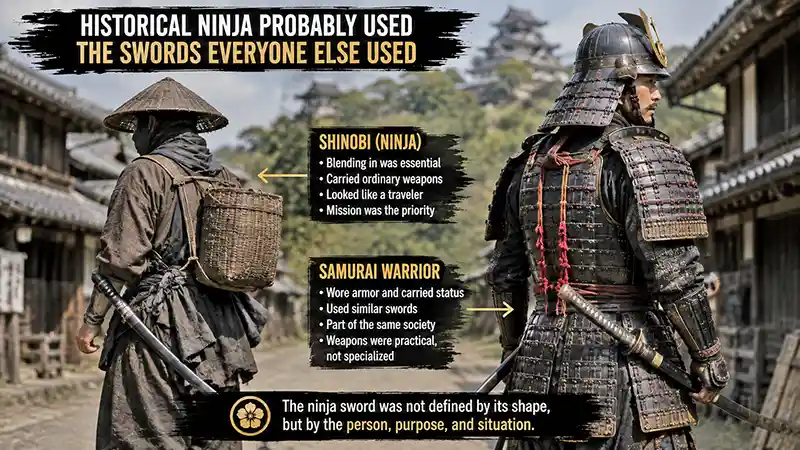 Disguised shinobi and armored samurai carrying similar Japanese swords