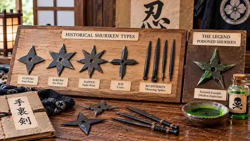 Historical shuriken types displayed beside the legend of a poison-coated ninja star