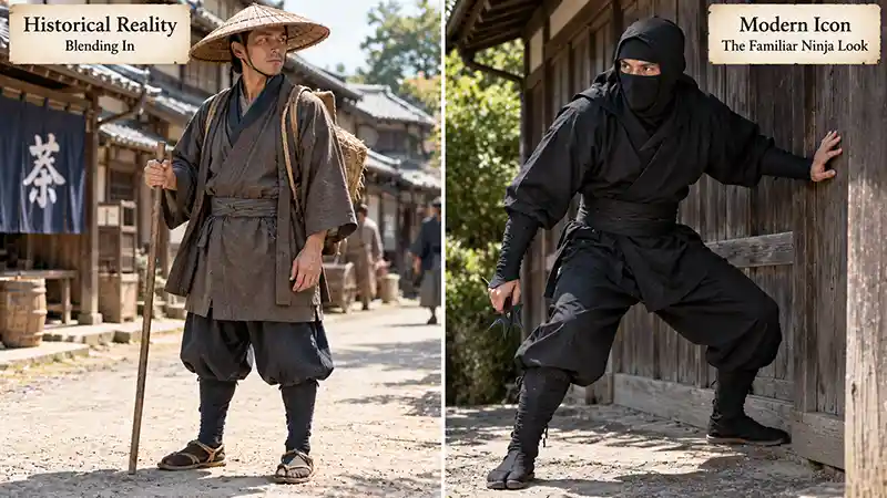Historical Japanese traveler compared with the familiar modern black-clad ninja look